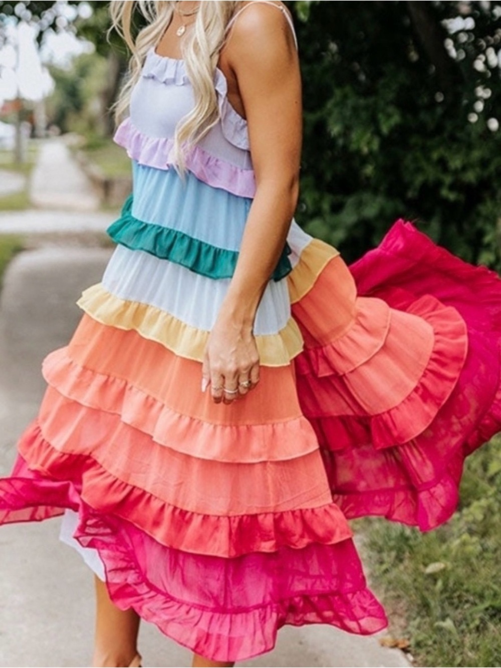 Storia rainbow women's Multi-Color Tiered Ruffle Midi maxi dress